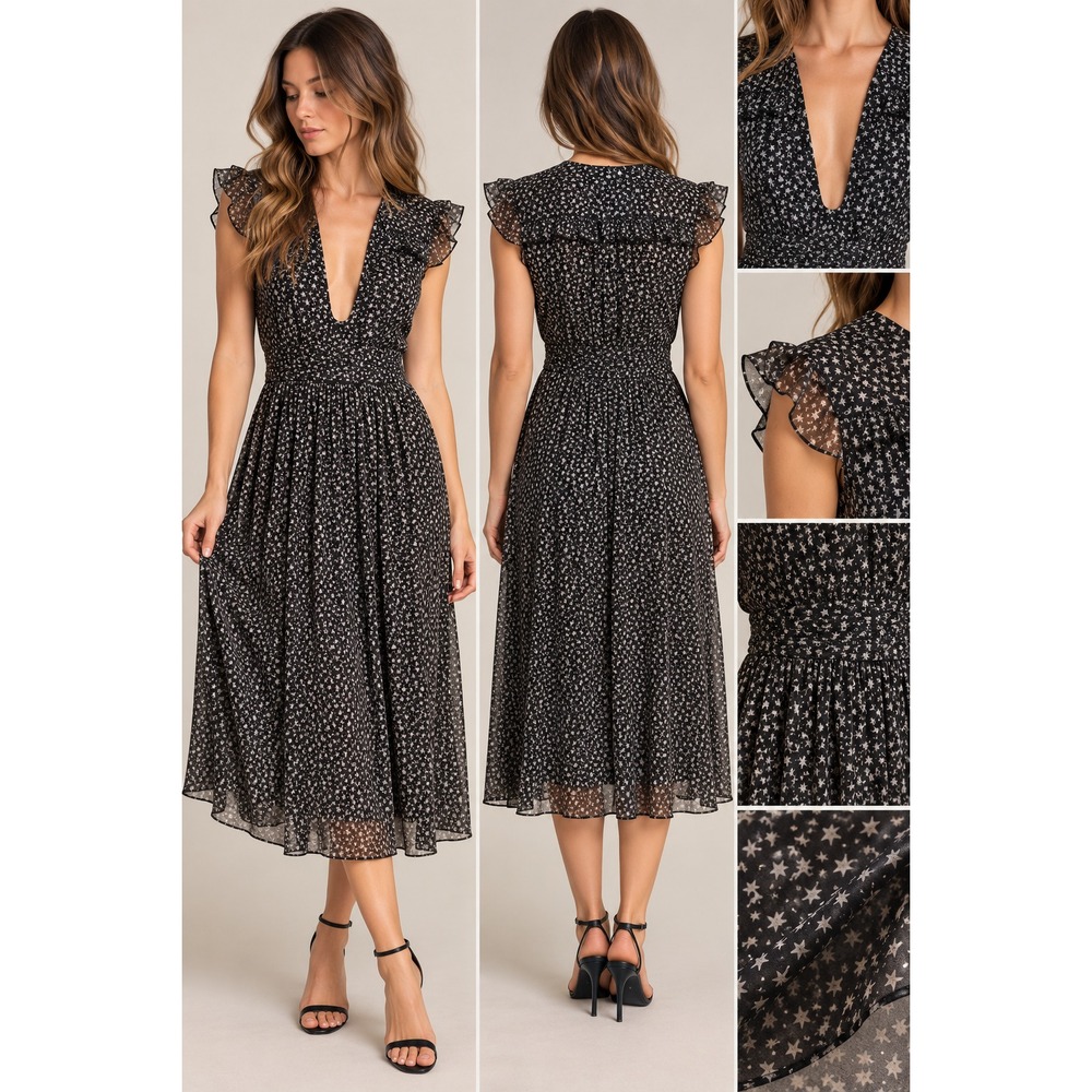 Jill Stuart 12 Black Silk Star Sheer Ruffle Dress Whimsigoth Celestial Goth L